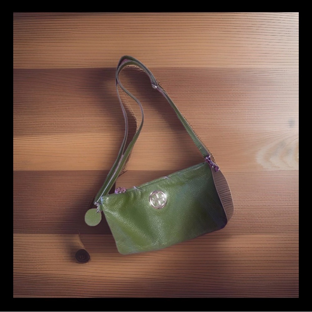 Olive Green Leather Crossbody Bag with Embossed Medallion